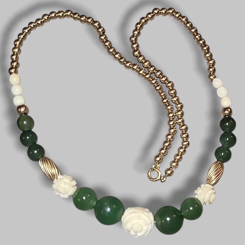 Vintage 12k Gold Filled Nephrite Jade & White Carved Stone Bead Necklace 16"